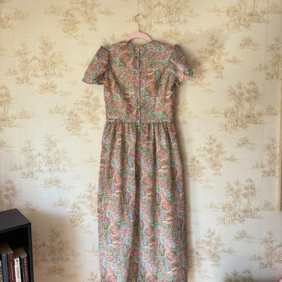 Vintage 50s 60s rainbow floral print short sleeve square neck midi party dress - Picture 6 of 7